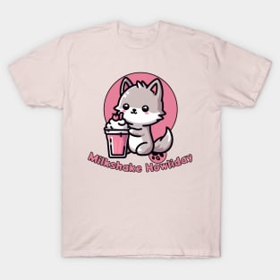 Cute Wolf with Strawberry milkshake T-Shirt